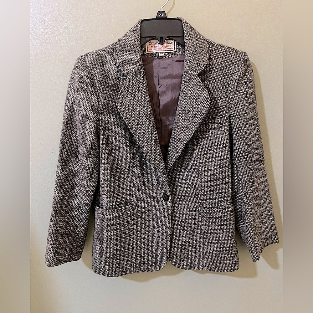 Casa De Lana Wool Blazer Women Size 7/8 small Vintage Uruguay Tweed Brown Gray